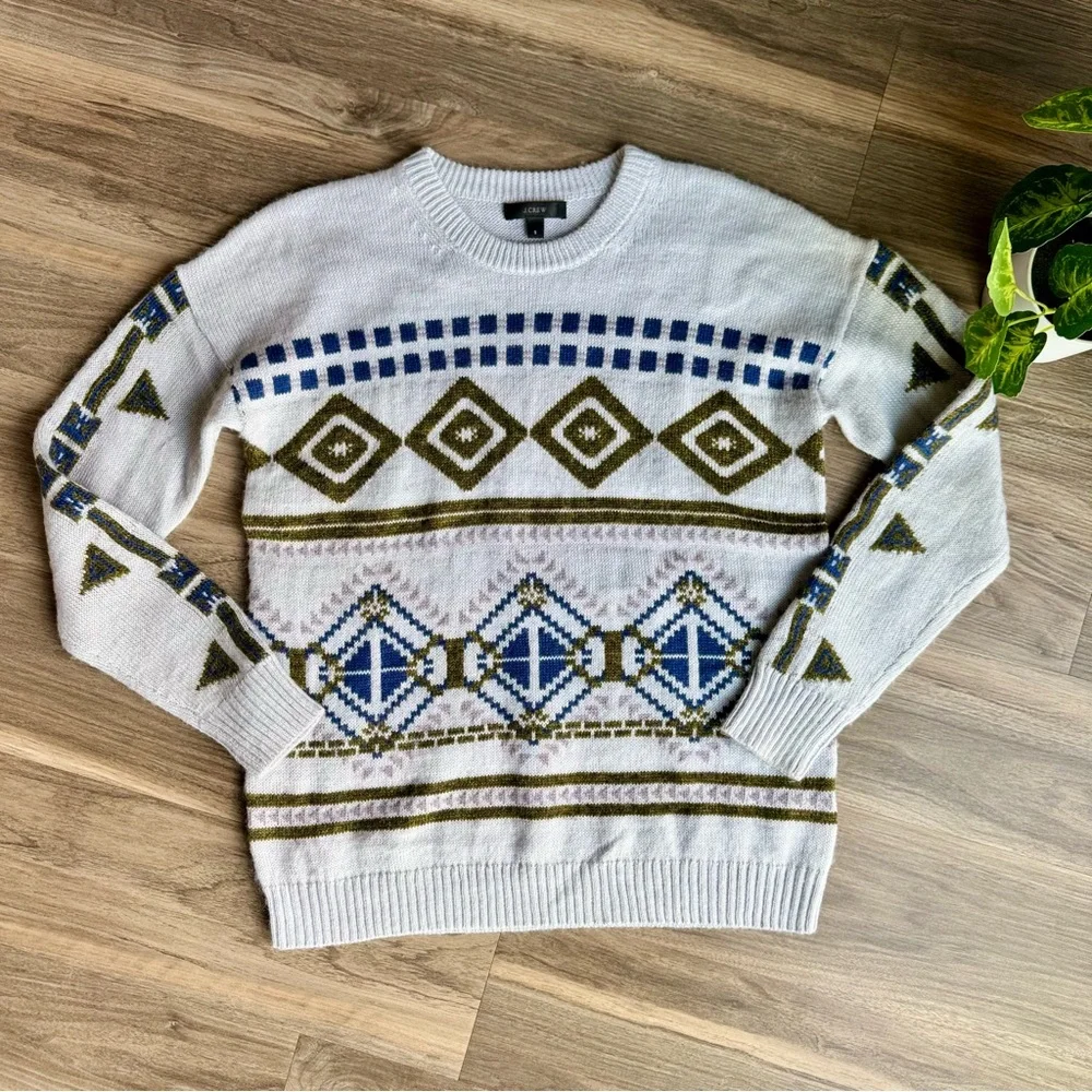 J.Crew Fair Isle Abstract Geometric Knit Sweater Gray Blue Olive‎ – Size Small